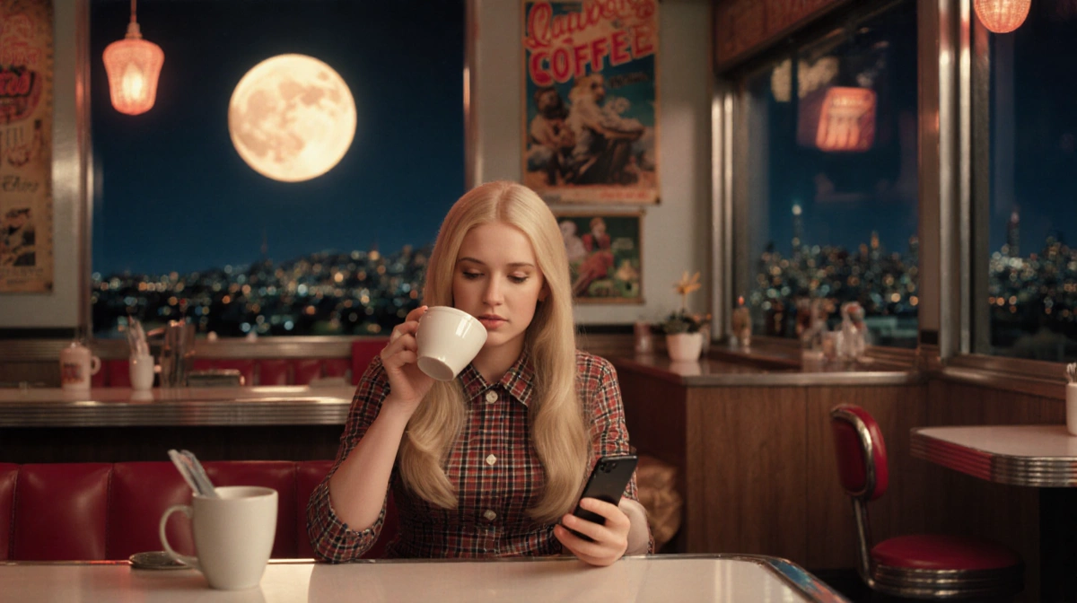 Cher Horowitz scrolling her smartphone at a retro diner counter with plaid outfit and a bright full moon above.