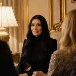 Cher speaking intently to Dax Shepard with Kristen Bell listening nearby in luxurious golden room