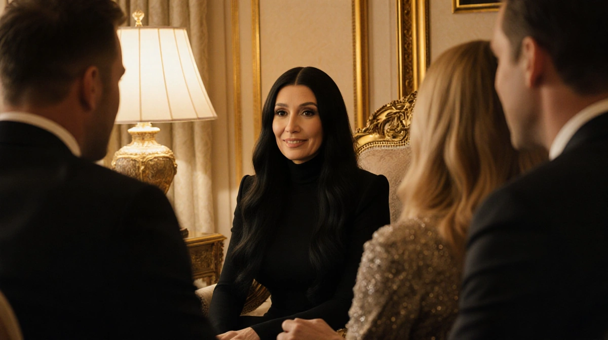 Cher speaking intently to Dax Shepard with Kristen Bell listening nearby in luxurious golden room