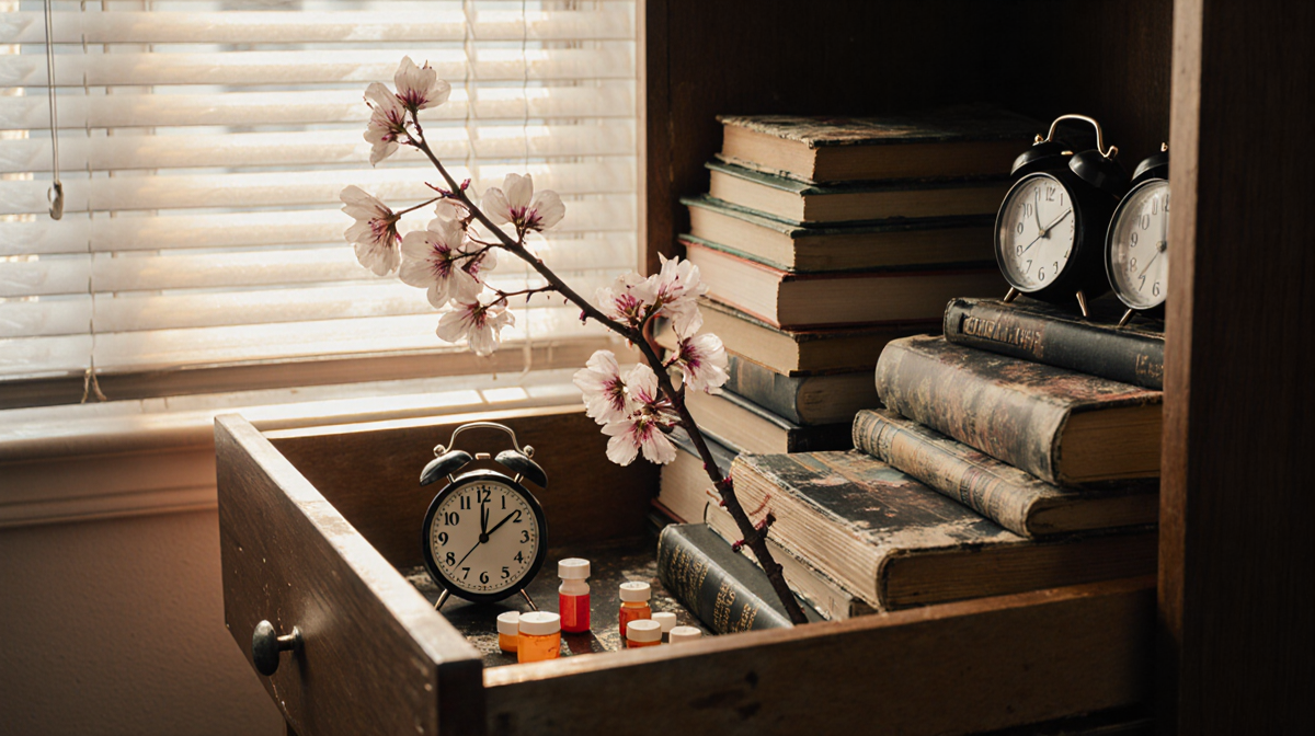 Cherry blossom branch stretching out from a dresser drawer with medical journals and prescription pills