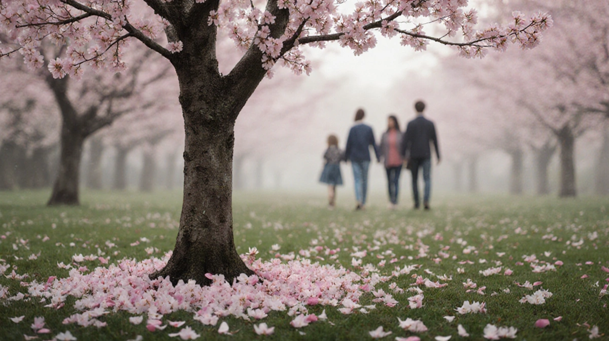 Cherry blossom tree dropping pink petals with family walking away in soft focus