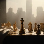 Pawn standing on chessboard with golden glow and misty cityscape background