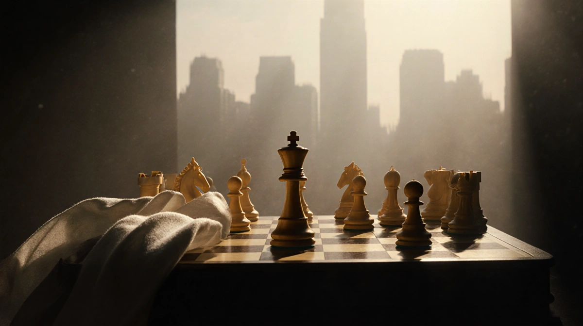 Pawn standing on chessboard with golden glow and misty cityscape background