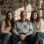 Chevy Chase sits with his daughters Cydney Caley and Emily in a sunlit living room surrounded by family heirlooms and smiles