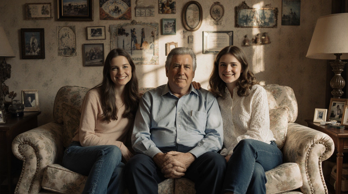 Chevy Chase sits with his daughters Cydney Caley and Emily in a sunlit living room surrounded by family heirlooms and smiles