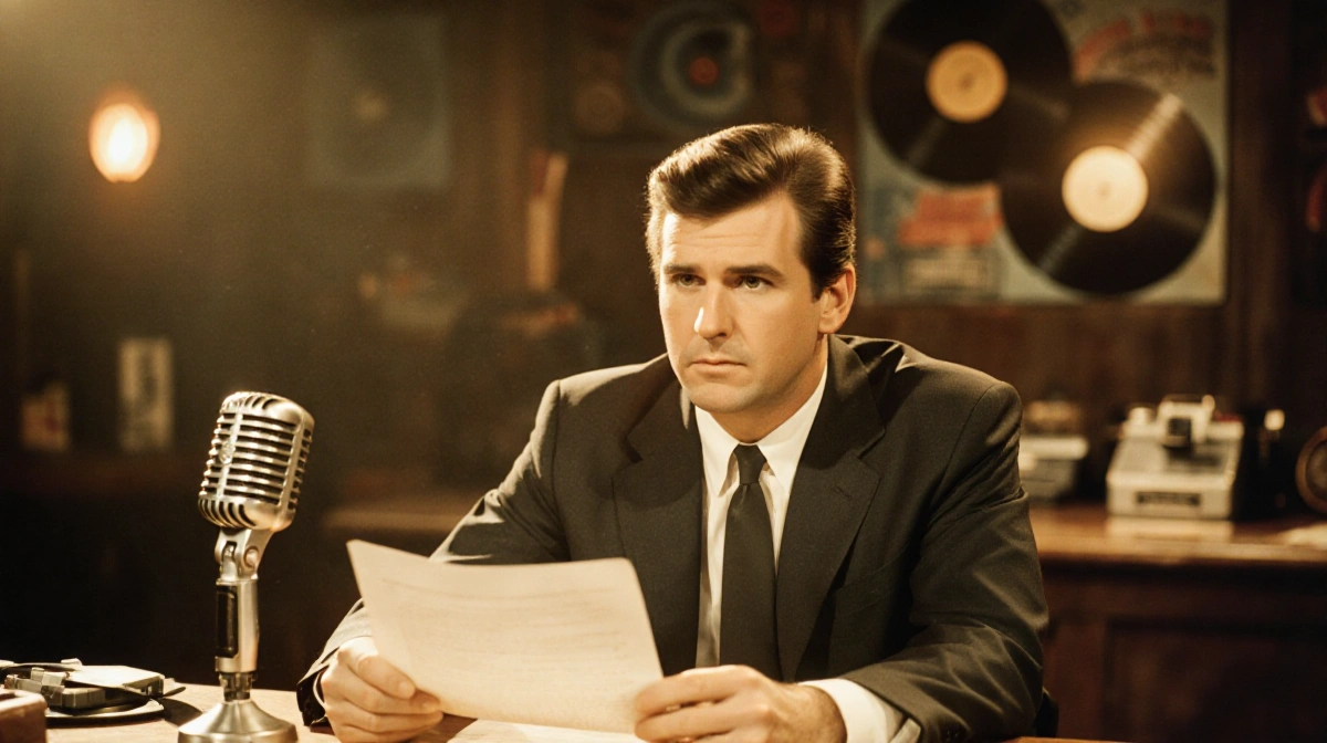 Chevy Chase holds a vintage microphone and comedy script at a desk with warm glow over a blurred 1960s comedy club stage.