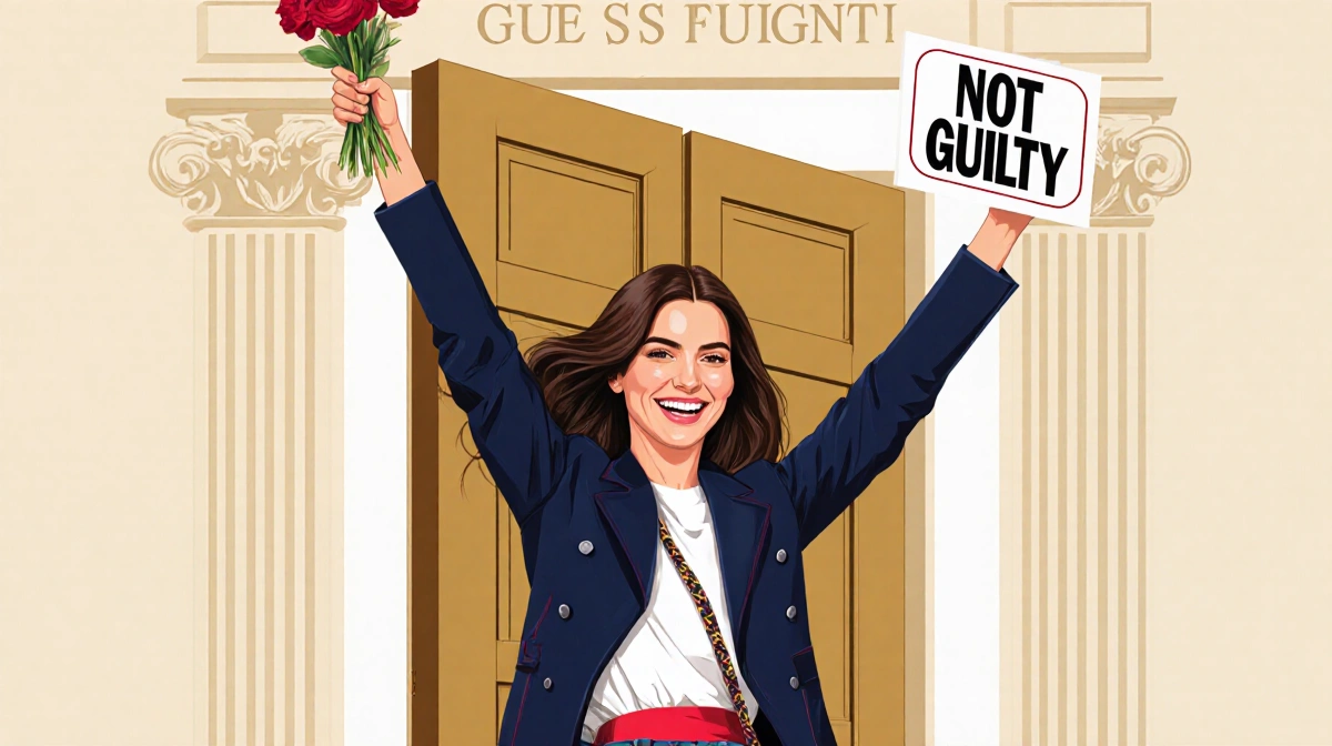 Chiara Ferragni celebrating legal victory with raised arms and not guilty sign while wearing bold colorful outfit
