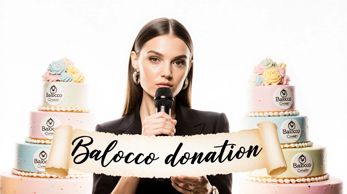 Chiara Ferragni speaks into microphone with Balocco cakes and donation banner behind her