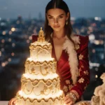 Chiara Ferragni posing with Christmas Pandoro cake and golden icing on festive dessert table with city lights behind