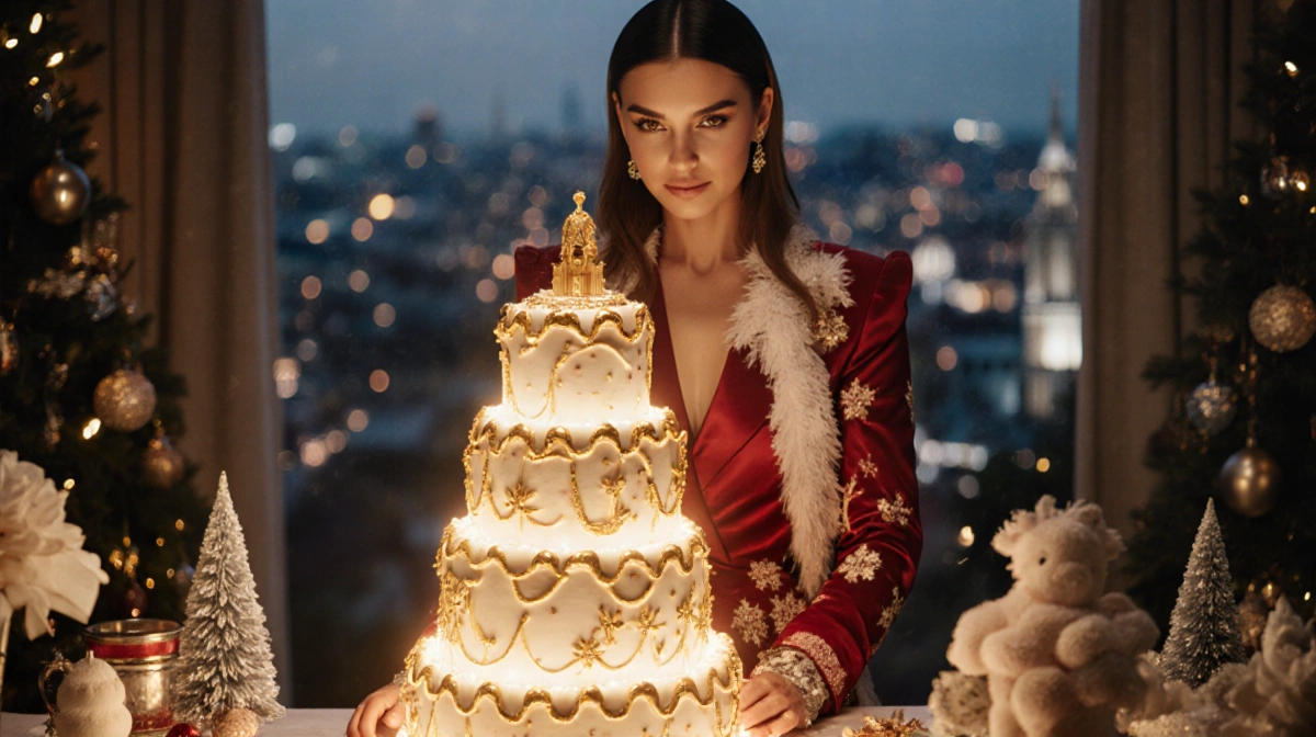Chiara Ferragni posing with Christmas Pandoro cake and golden icing on festive dessert table with city lights behind