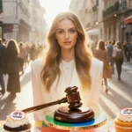 Chiara Ferragni stands confidently at dessert table with logo cakes and judge