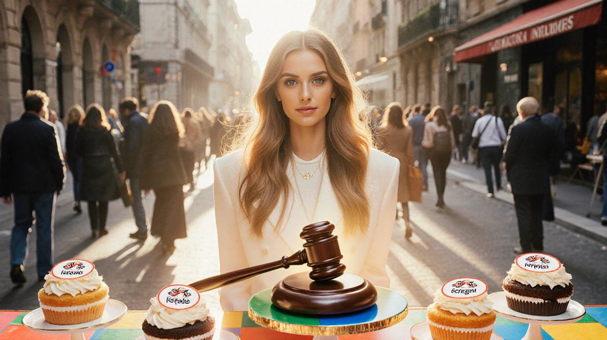 Chiara Ferragni stands confidently at dessert table with logo cakes and judge