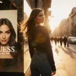 Chiara Ferragni posing with Milan fashion district sunset behind her and GUESS campaign poster in window