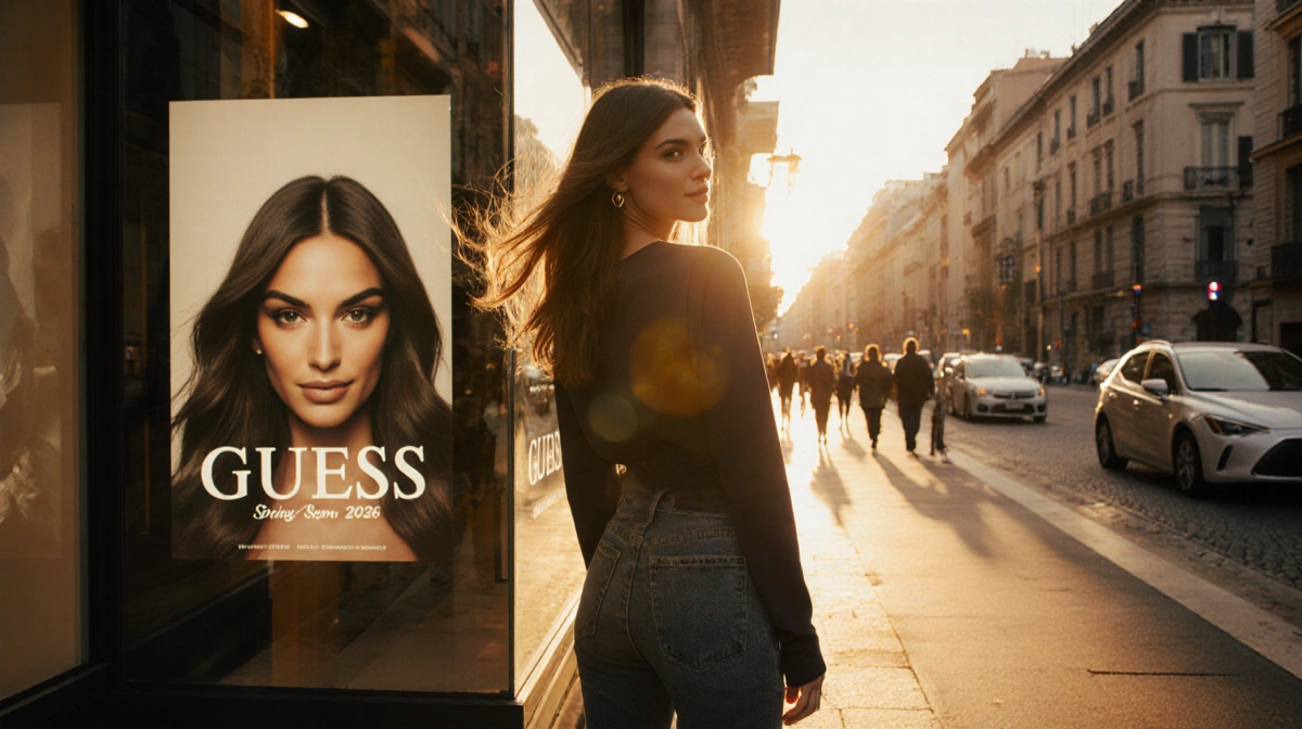 Chiara Ferragni posing with Milan fashion district sunset behind her and GUESS campaign poster in window