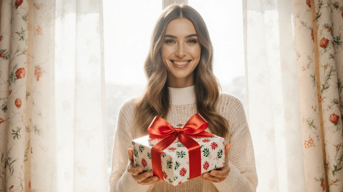 Chiara Ferragni smiling with festive gift package showing relief after acquittal