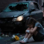 Young girl sits beside battered car with bandaged hand and scattered flowers showing Chicago accident aftermath