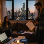 Wife sits on couch with job search materials and laptop while husband enters with guitar and vinyl record near Chicago window