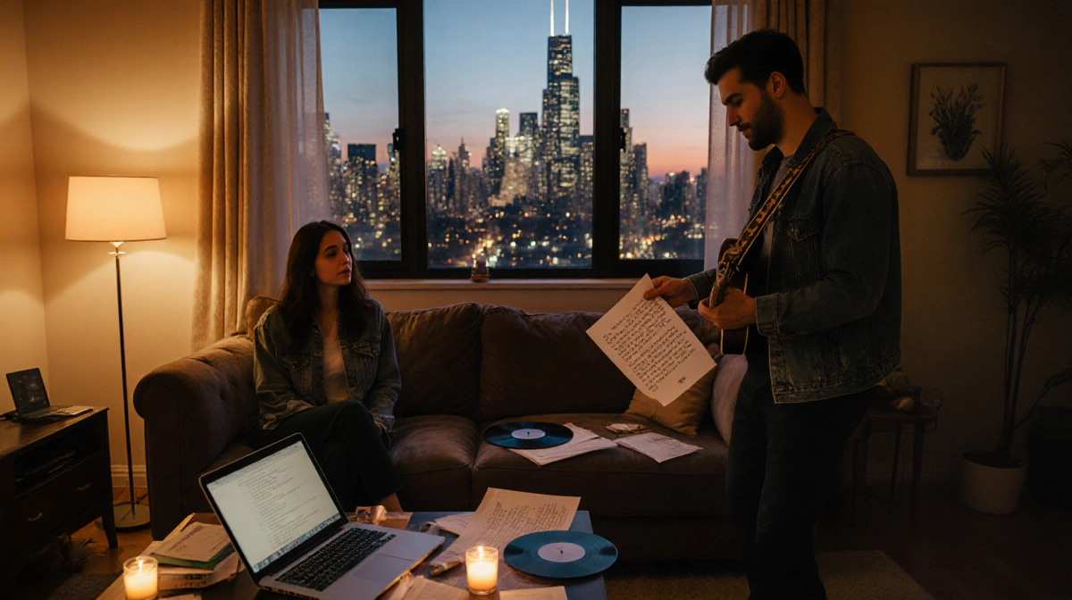 Wife sits on couch with job search materials and laptop while husband enters with guitar and vinyl record near Chicago window