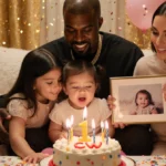 Chicago West blows out birthday candles with North hugging her and Kanye smiling behind