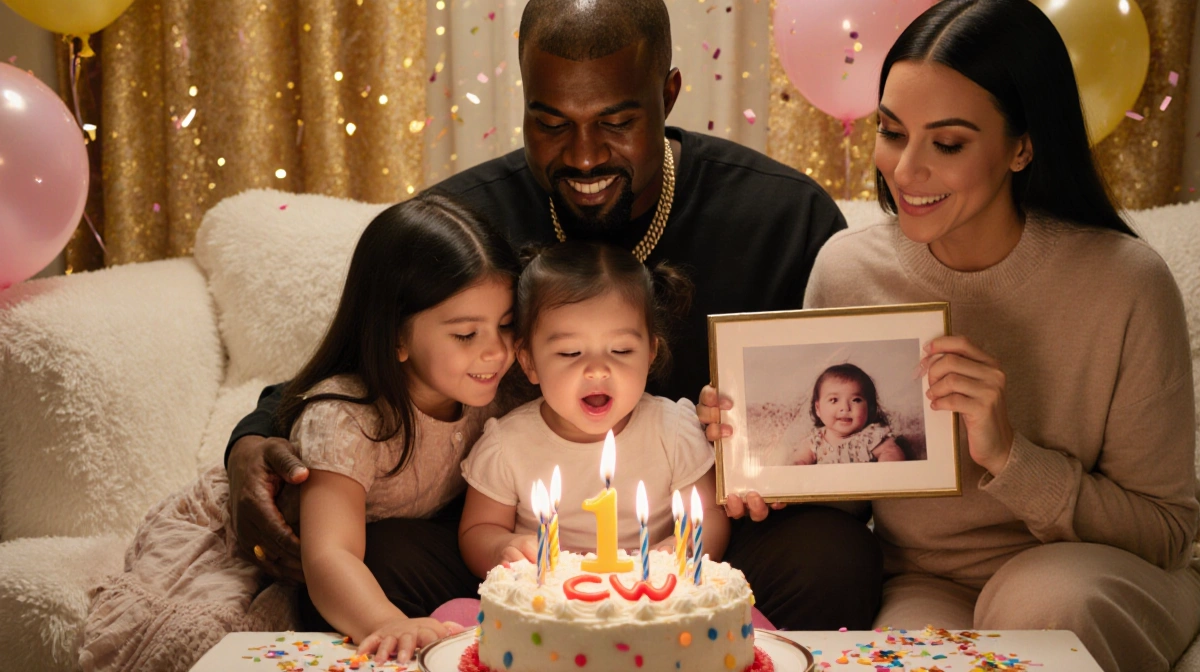 Chicago West blows out birthday candles with North hugging her and Kanye smiling behind