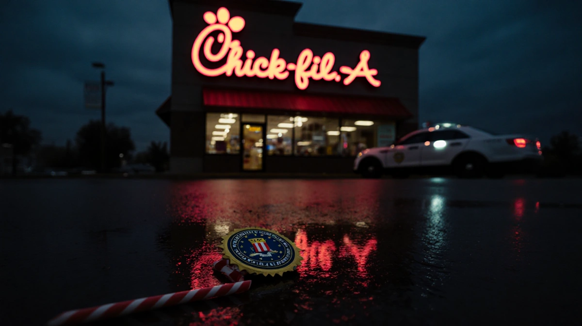 FBI badge lies on wet pavement with Chick-fil-A sign reflection and police car in background