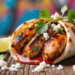 Burrito resting on rustic wooden table with golden tortilla and sizzling al pastor chicken topped with cilantro and lime.