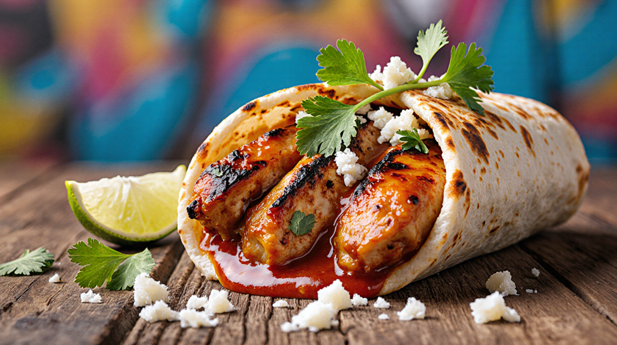Burrito resting on rustic wooden table with golden tortilla and sizzling al pastor chicken topped with cilantro and lime.