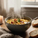 Steaming bowl of golden chicken noodle soup with fresh herbs and bacon on wooden table with bread and candles