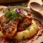 Braised chicken pizzaiola rests on creamy polenta with fresh herbs and edible flowers on rustic wood