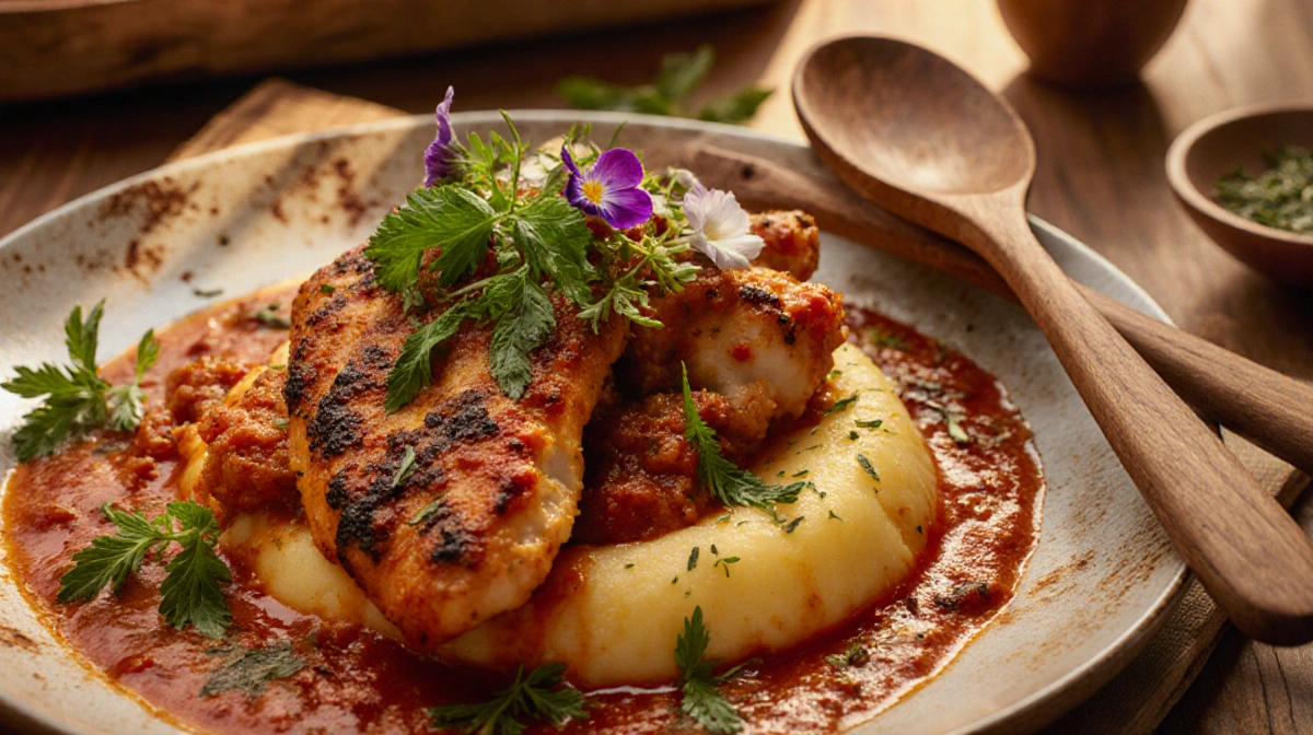 Braised chicken pizzaiola rests on creamy polenta with fresh herbs and edible flowers on rustic wood