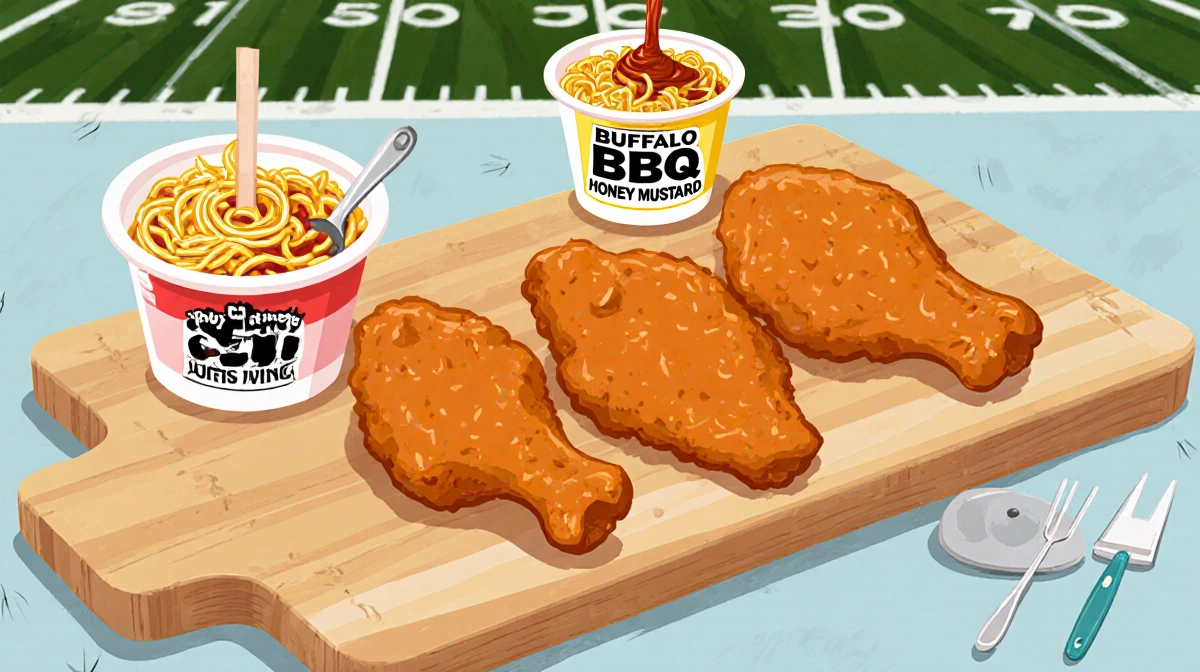 Three chicken wings arranged in wing shape with Buffalo BBQ and Honey Mustard ramen bowls and cutting board