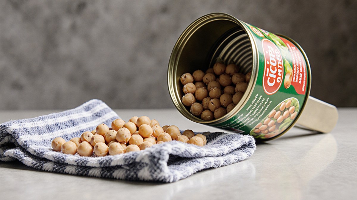 Empty chickpea can showing dried beans with a salad spinner on a clean countertop