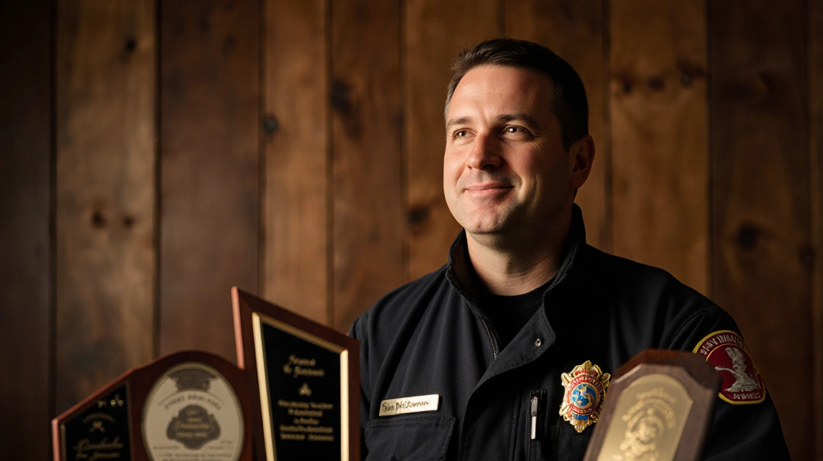 Chief Sam DiGiovanna smiles softly in fire uniform with awards and warm wooden background behind him