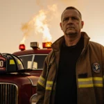 Chief Sam DiGiovanna firefighter standing proud beside vintage fire engine with warm golden light and flickering flames