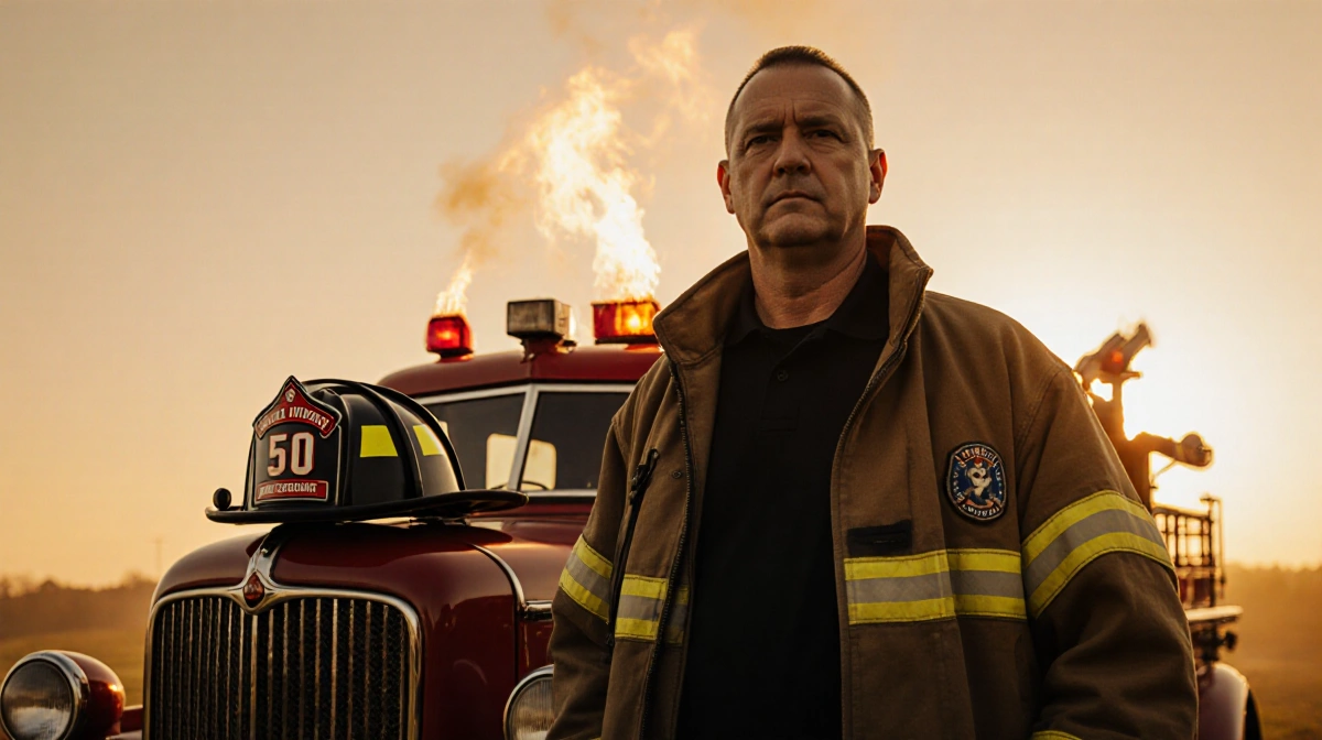 Chief Sam DiGiovanna firefighter standing proud beside vintage fire engine with warm golden light and flickering flames