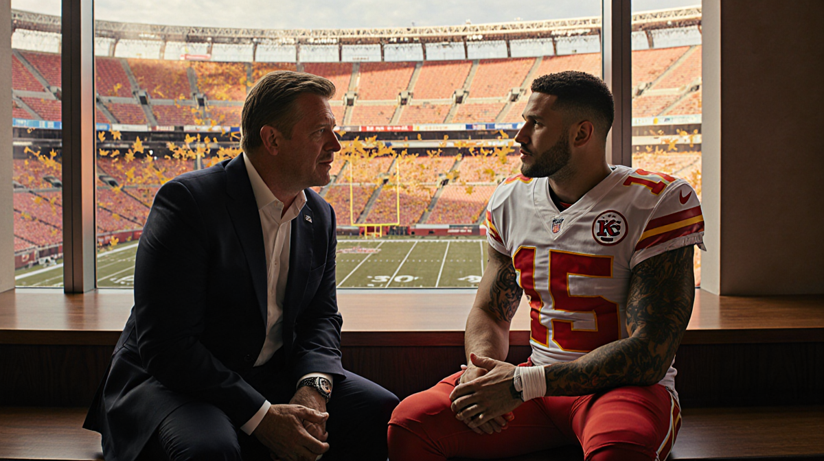 Clark Hunt leaning forward to talk with Travis Kelce in golden light with Arrowhead Stadium windows reflecting autumn leaves