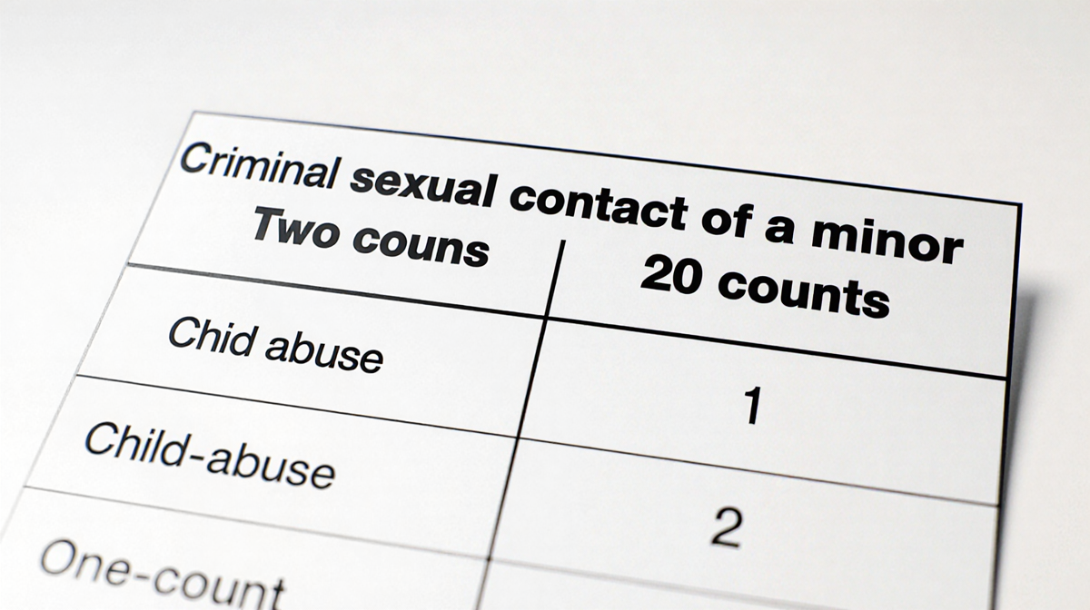 Table with white background shows criminal sexual contact of a minor with two counts and child abuse with one count shadows