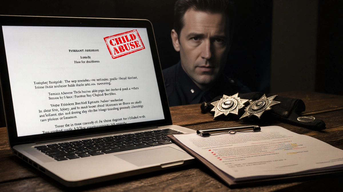 Sealed warrant shows child abuse stamp with police badges and laptop displaying Fox script on wooden desk