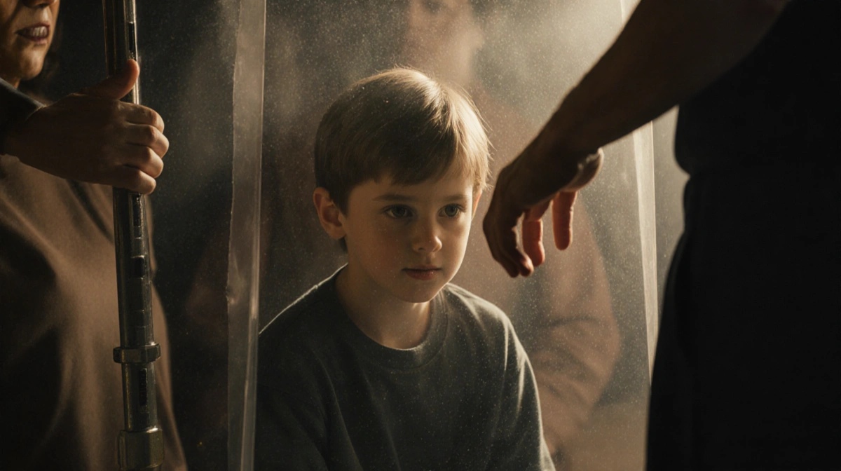 Young actor sits on set with adult's protective hand shielding him from mature content and soft lighting creating safe filmin