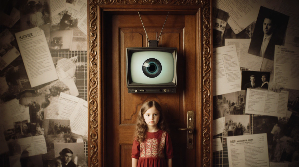 Young actress stands before ornate door with camera lens design and blurred film sets behind