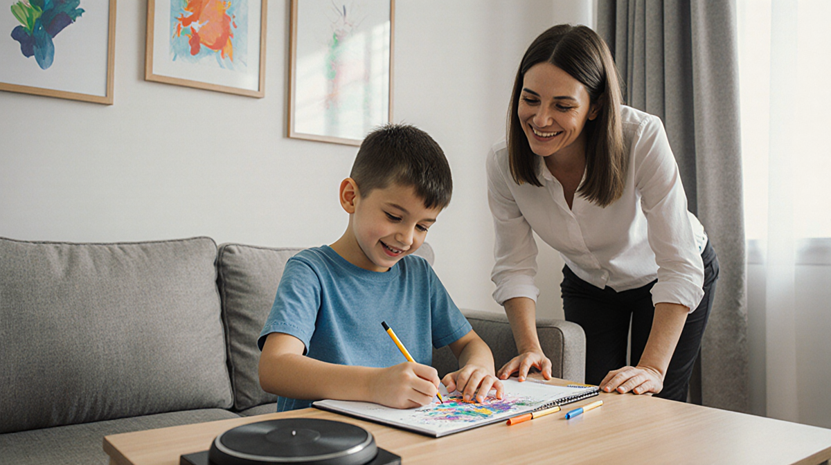 Boy coloring on a pad with therapist Stuart guiding him in a calm therapy room with a music player nearby
