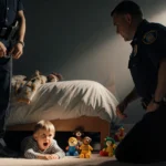 Child law enforcement officer handcuffs a frightened child in bed with toys scattered around