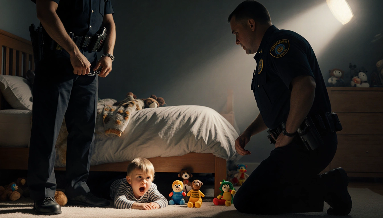 Child law enforcement officer handcuffs a frightened child in bed with toys scattered around