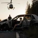 Injured child sits in crashed car with police officer standing guard and helicopter overhead