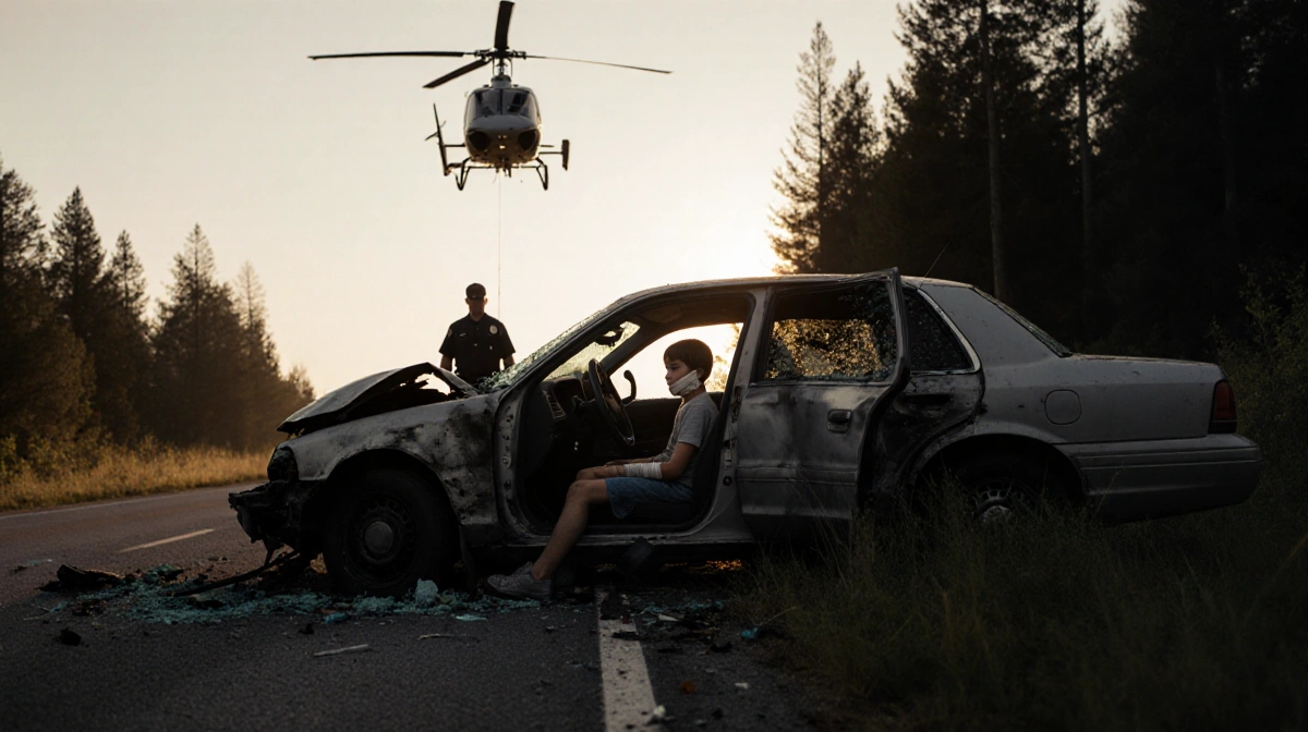 Injured child sits in crashed car with police officer standing guard and helicopter overhead