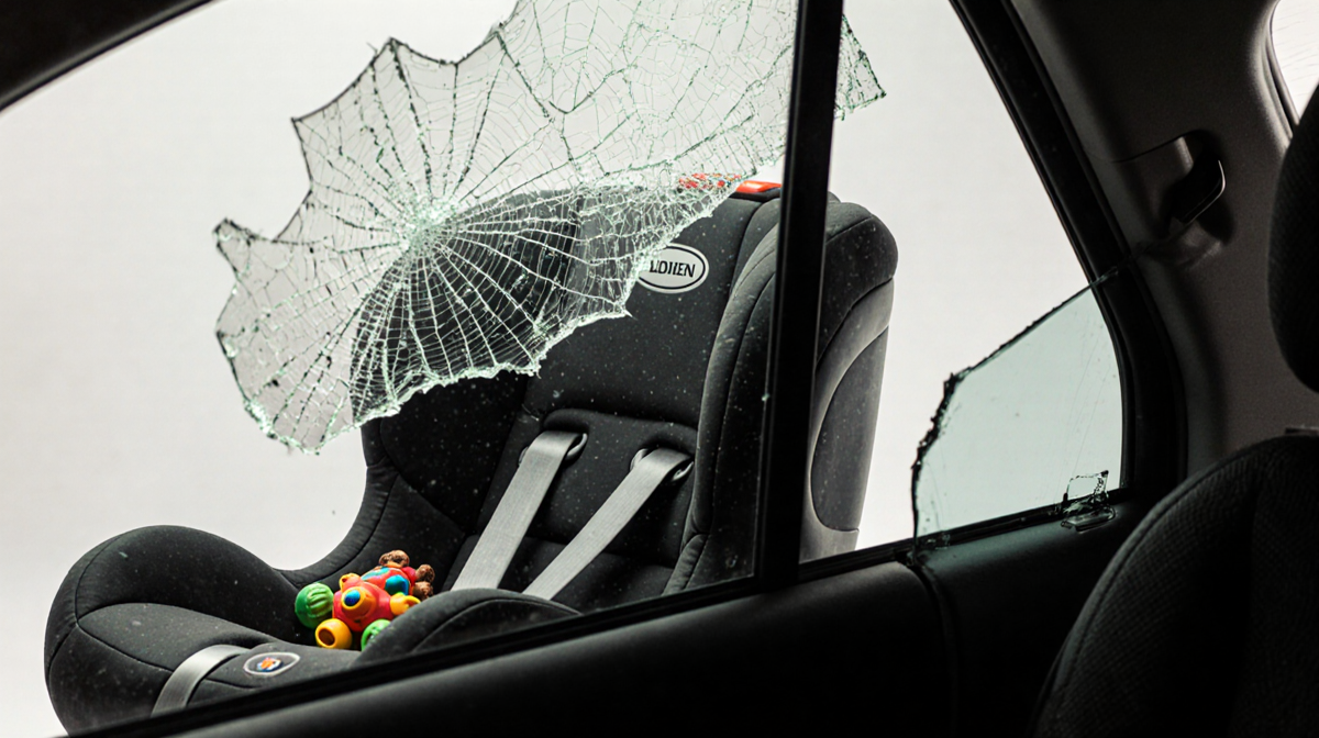 Empty child car seat reflecting shattered windshield with a lone toy beside it and soft light illuminating the sterile white