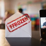 Child-care payment envelope sitting on desk with frozen stamp and blurred childcare facility background, displaying urgent me