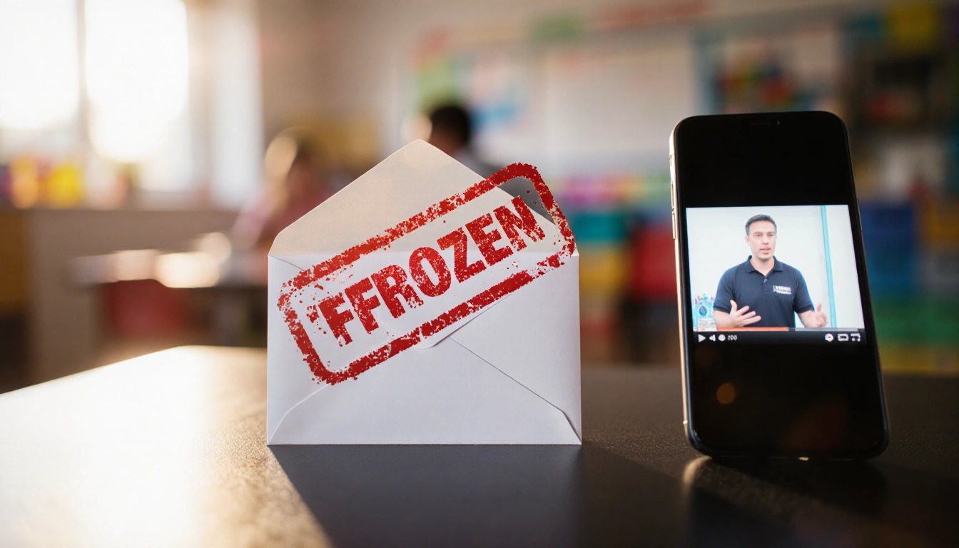 Child-care payment envelope sitting on desk with frozen stamp and blurred childcare facility background, displaying urgent me