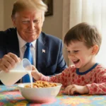 Child pouring whole milk into cereal bowl with President Trump smiling in background near sunny breakfast table