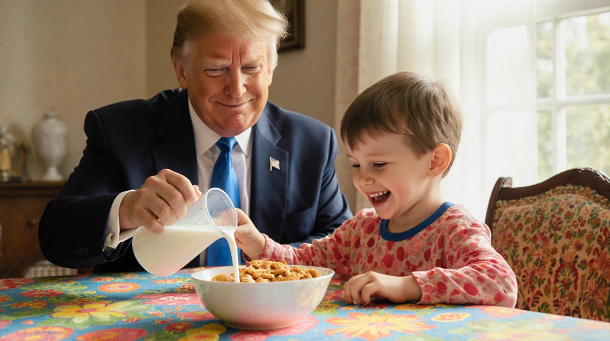Child pouring whole milk into cereal bowl with President Trump smiling in background near sunny breakfast table